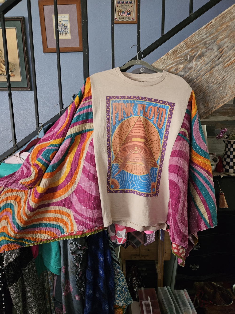 Pink Floyd Graphic Tee with Colorful Patchwork Kantha Sleeves